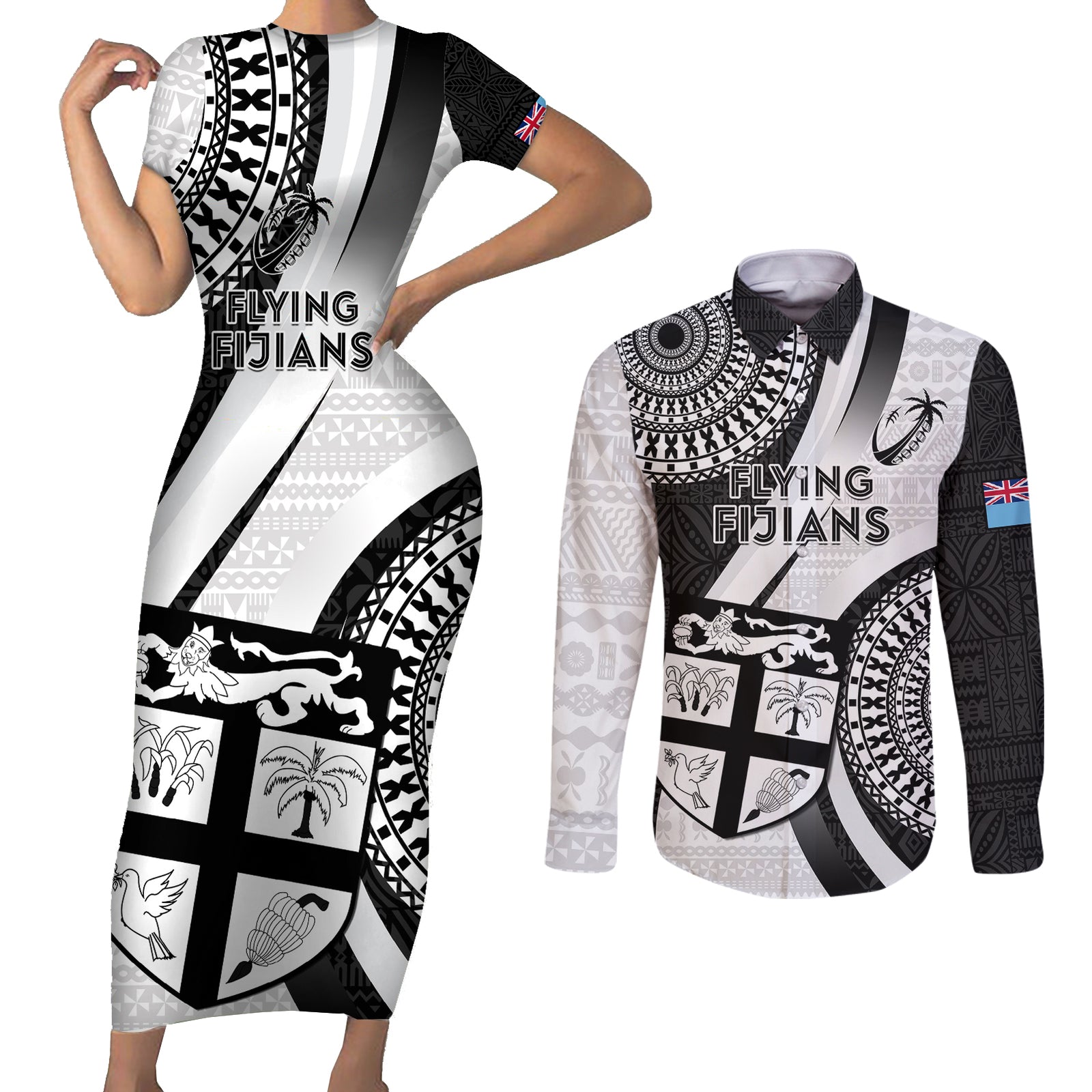 Fiji Rugby Couples Matching Short Sleeve Bodycon Dress and Long Sleeve Button Shirts World Cup 2023 Go Champions Fijian Tapa Black Version LT14 Black - Polynesian Pride