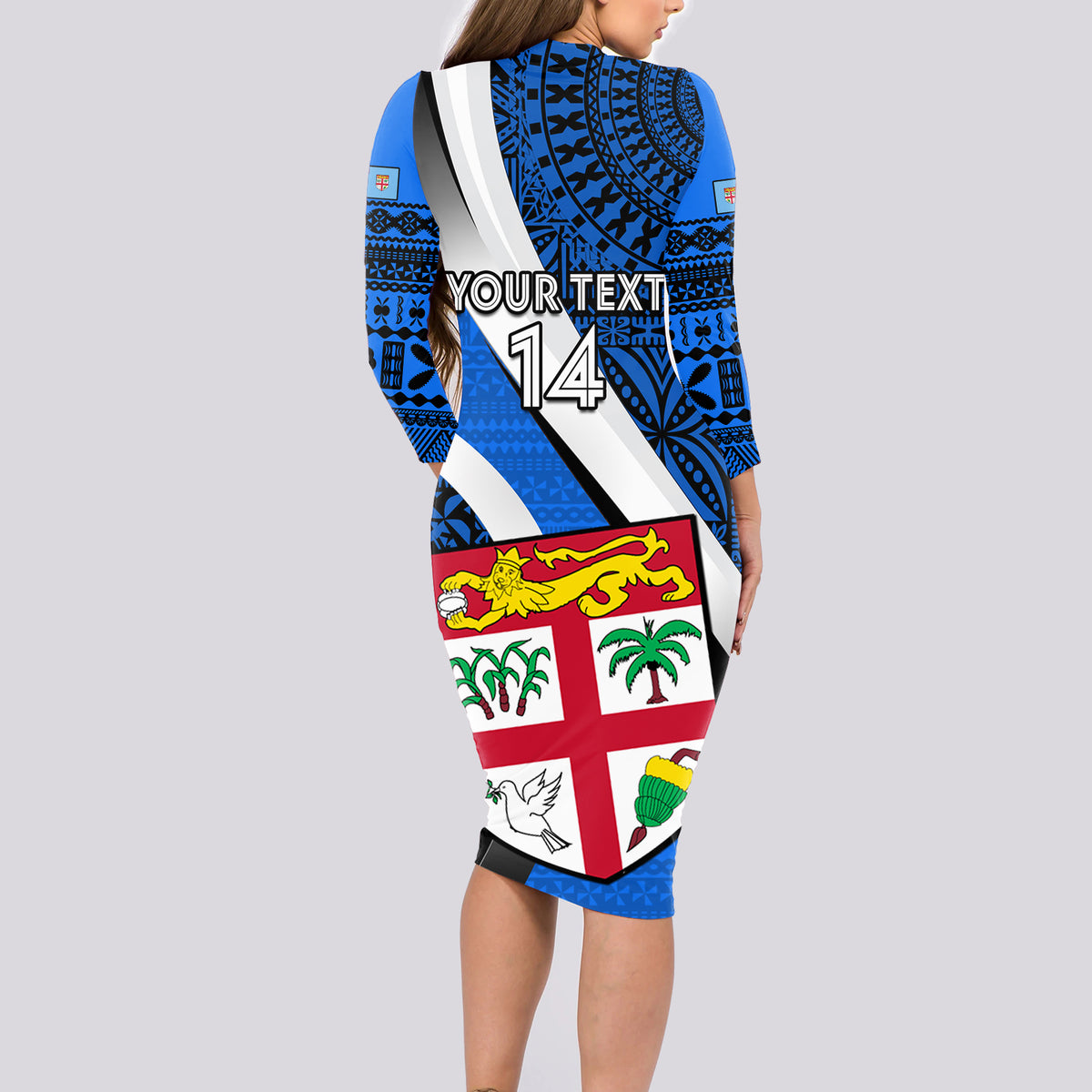 Custom Fiji Rugby Long Sleeve Bodycon Dress World Cup 2023 Go Champions Fijian Tapa Blue Version LT14 - Polynesian Pride