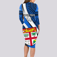 Custom Fiji Rugby Long Sleeve Bodycon Dress World Cup 2023 Go Champions Fijian Tapa Blue Version LT14 - Polynesian Pride