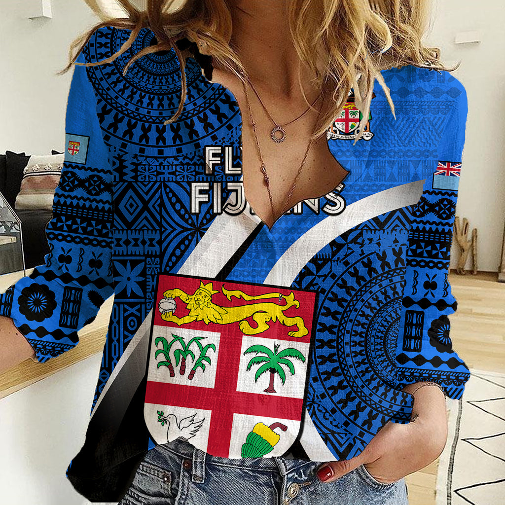 Custom Fiji Rugby Women Casual Shirt World Cup 2023 Go Champions Fijian Tapa Blue Version LT14 Female Blue - Polynesian Pride