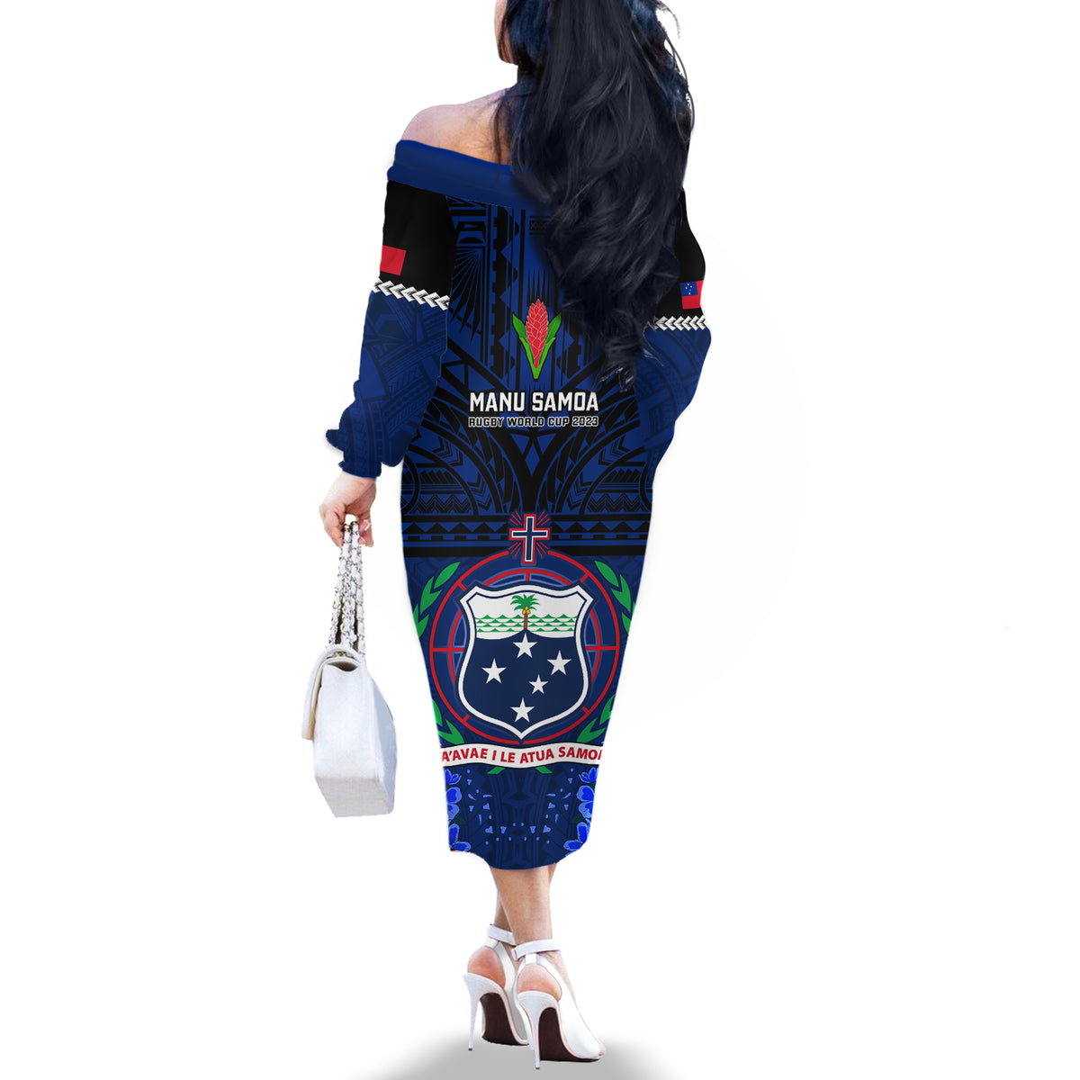 Samoa Rugby Off The Shoulder Long Sleeve Dress World Cup 2023 Go Champions Manu Samoa LT14 - Polynesian Pride