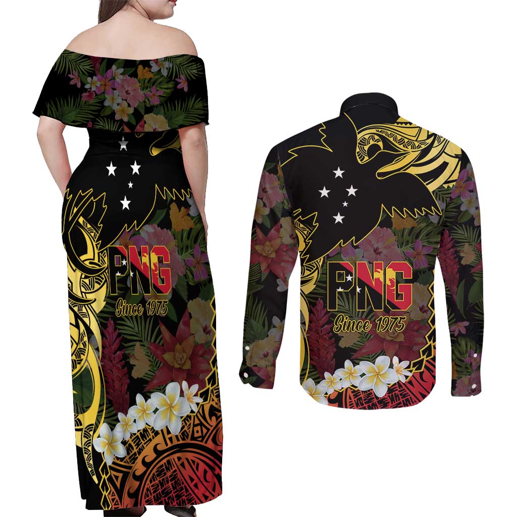 Papua New Guinea 50th Independence Anniversary Couples Matching Off Shoulder Maxi Dress and Long Sleeve Button Shirt Independen Stet bilong Papua Niu Gini LT14 - Polynesian Pride