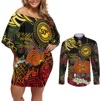Papua New Guinea 50th Independence Anniversary Couples Matching Off Shoulder Short Dress and Long Sleeve Button Shirt Independen Stet bilong Papua Niu Gini LT14 Black - Polynesian Pride