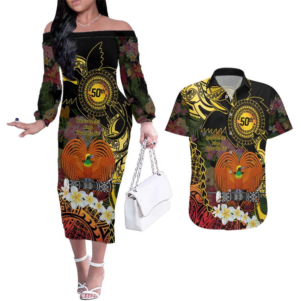 Papua New Guinea 50th Independence Anniversary Couples Matching Off The Shoulder Long Sleeve Dress and Hawaiian Shirt Independen Stet bilong Papua Niu Gini LT14 Black - Polynesian Pride