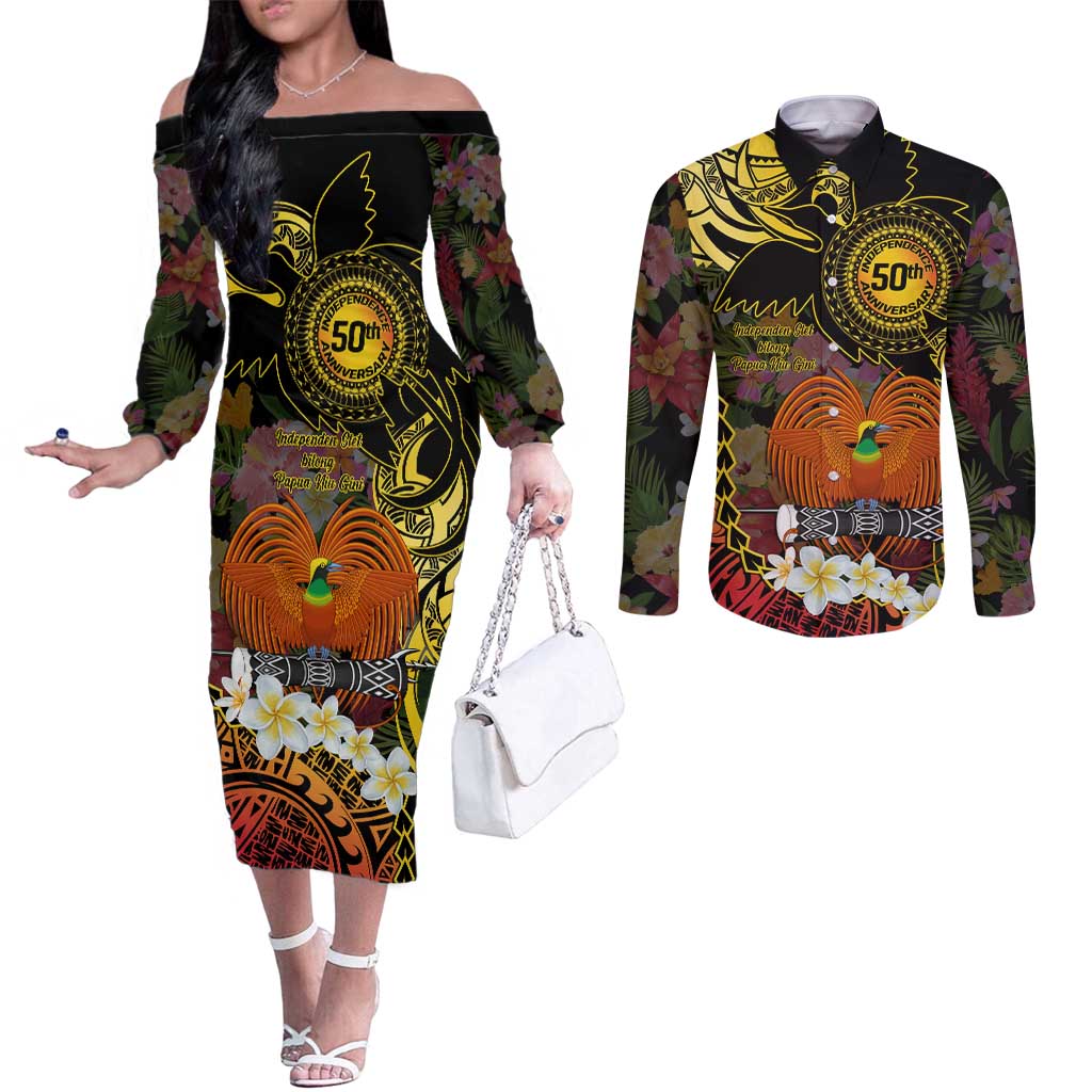 Papua New Guinea 50th Independence Anniversary Couples Matching Off The Shoulder Long Sleeve Dress and Long Sleeve Button Shirt Independen Stet bilong Papua Niu Gini LT14 Black - Polynesian Pride