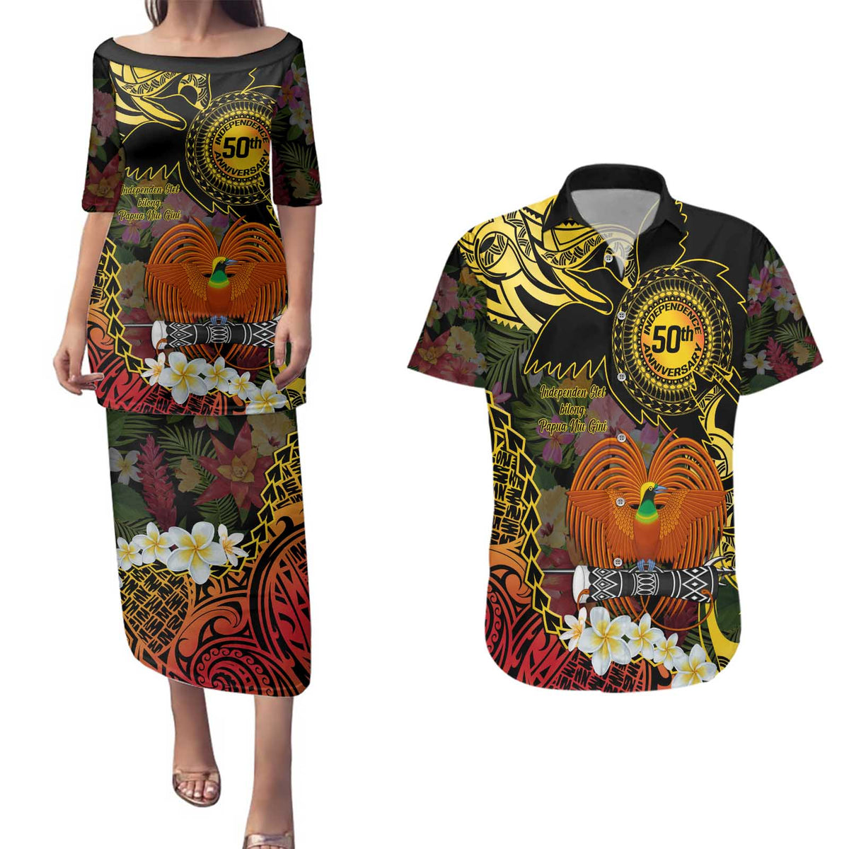 Papua New Guinea 50th Independence Anniversary Couples Matching Puletasi and Hawaiian Shirt Independen Stet bilong Papua Niu Gini LT14 Black - Polynesian Pride