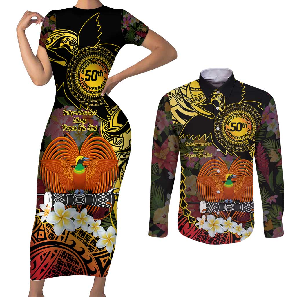 Papua New Guinea 50th Independence Anniversary Couples Matching Short Sleeve Bodycon Dress and Long Sleeve Button Shirt Independen Stet bilong Papua Niu Gini LT14 Black - Polynesian Pride