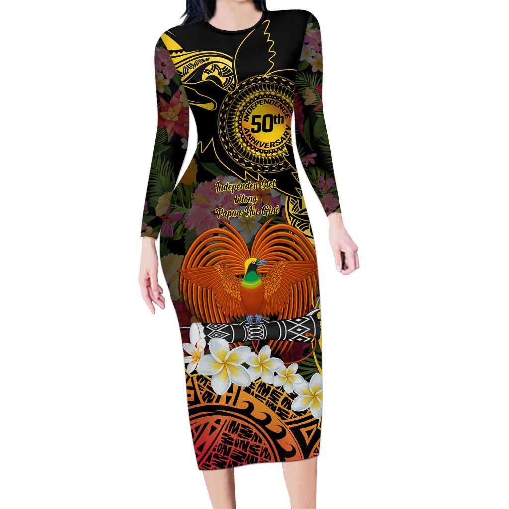 Papua New Guinea 50th Independence Anniversary Family Matching Long Sleeve Bodycon Dress and Hawaiian Shirt Independen Stet bilong Papua Niu Gini LT14 Mom's Dress Black - Polynesian Pride