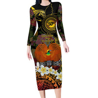 Papua New Guinea 50th Independence Anniversary Family Matching Long Sleeve Bodycon Dress and Hawaiian Shirt Independen Stet bilong Papua Niu Gini LT14 Mom's Dress Black - Polynesian Pride