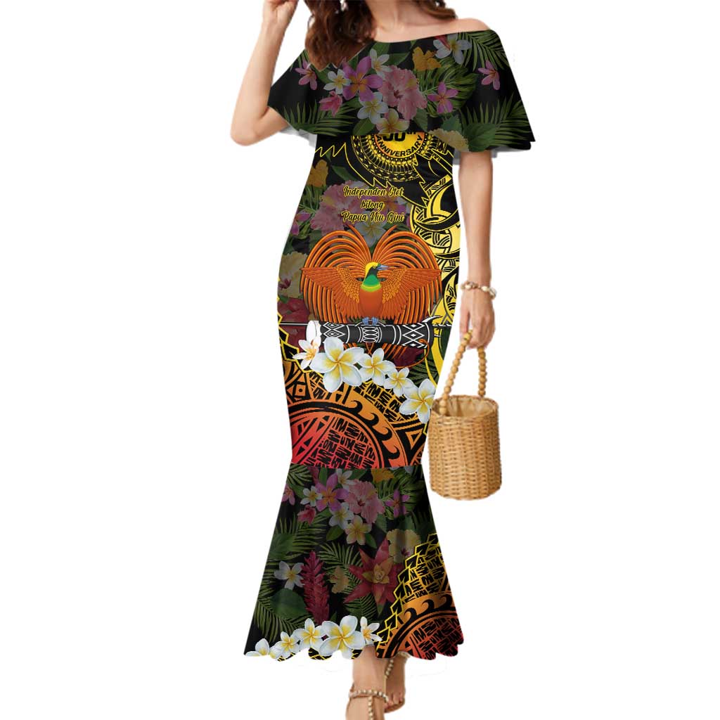 Papua New Guinea 50th Independence Anniversary Family Matching Mermaid Dress and Hawaiian Shirt Independen Stet bilong Papua Niu Gini LT14 Mom's Dress Black - Polynesian Pride