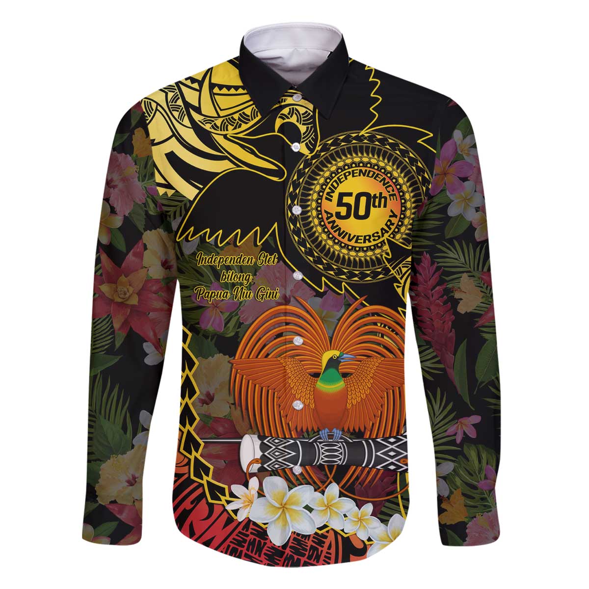 Papua New Guinea 50th Independence Anniversary Family Matching Off The Shoulder Long Sleeve Dress and Hawaiian Shirt Independen Stet bilong Papua Niu Gini LT14 Dad's Shirt - Long Sleeve Black - Polynesian Pride