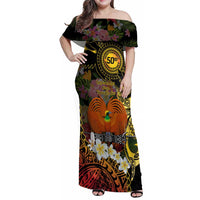 Papua New Guinea 50th Independence Anniversary Family Matching Off Shoulder Maxi Dress and Hawaiian Shirt Independen Stet bilong Papua Niu Gini LT14 Mom's Dress Black - Polynesian Pride