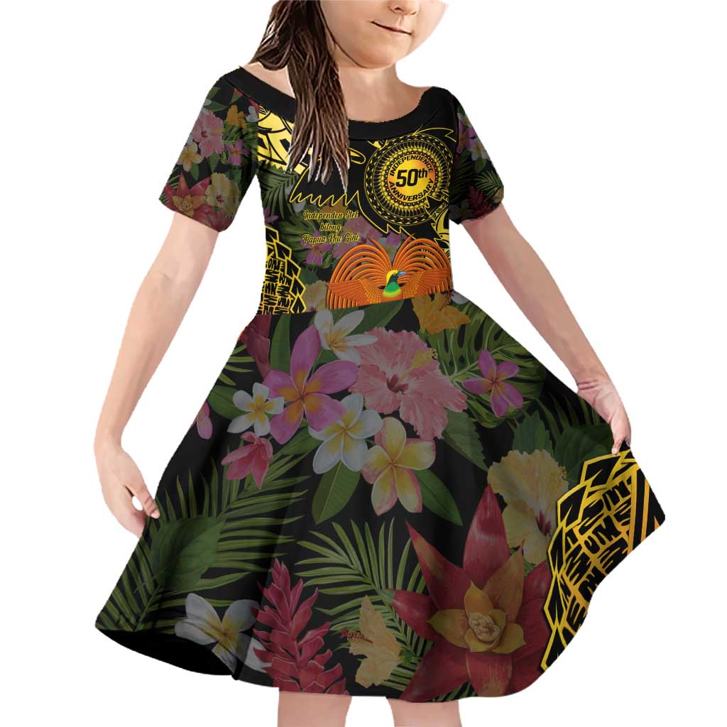 Papua New Guinea 50th Independence Anniversary Family Matching Off Shoulder Short Dress and Hawaiian Shirt Independen Stet bilong Papua Niu Gini LT14 Daughter's Dress Black - Polynesian Pride