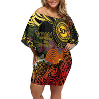 Papua New Guinea 50th Independence Anniversary Family Matching Off Shoulder Short Dress and Hawaiian Shirt Independen Stet bilong Papua Niu Gini LT14 Mom's Dress Black - Polynesian Pride