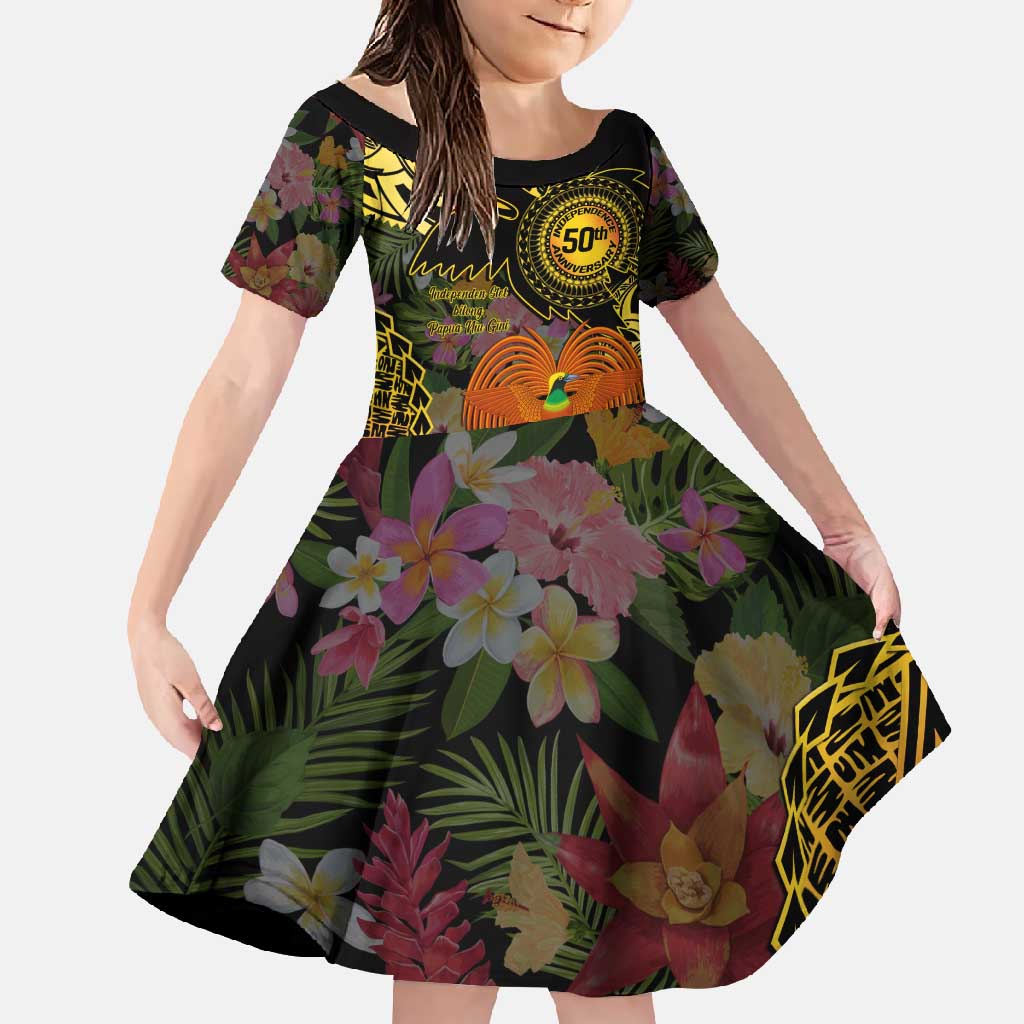 Papua New Guinea 50th Independence Anniversary Family Matching Short Sleeve Bodycon Dress and Hawaiian Shirt Independen Stet bilong Papua Niu Gini LT14 Daughter's Dress Black - Polynesian Pride