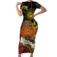 Papua New Guinea 50th Independence Anniversary Family Matching Short Sleeve Bodycon Dress and Hawaiian Shirt Independen Stet bilong Papua Niu Gini LT14 Mom's Dress Black - Polynesian Pride