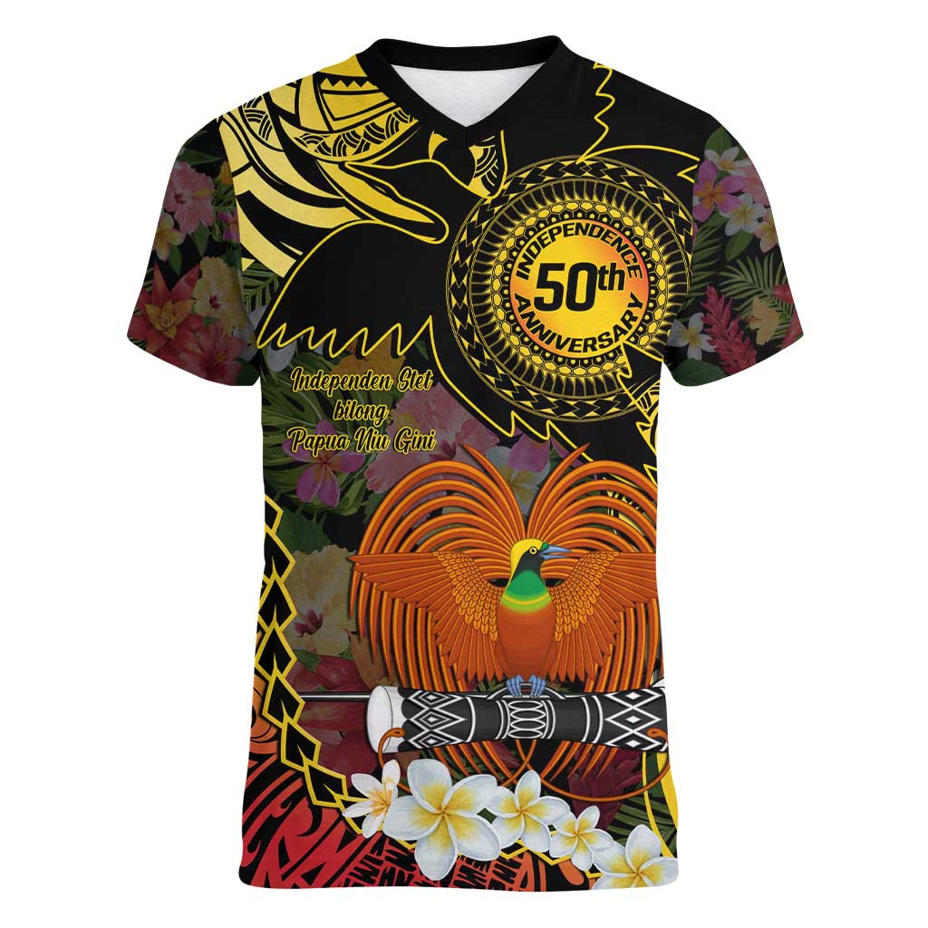 Papua New Guinea 50th Independence Anniversary Women V-Neck T-Shirt Independen Stet bilong Papua Niu Gini LT14 Female Black - Polynesian Pride