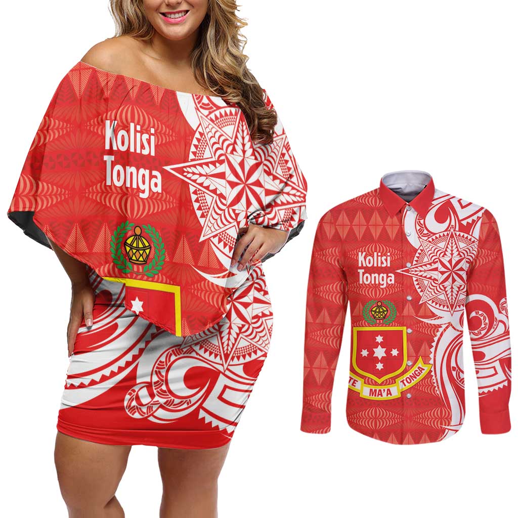 Personalised Kolisi Tonga Couples Matching Off Shoulder Short Dress and Long Sleeve Button Shirt Mate Maa Tonga Ngatu Pattern - Polynesian Pride