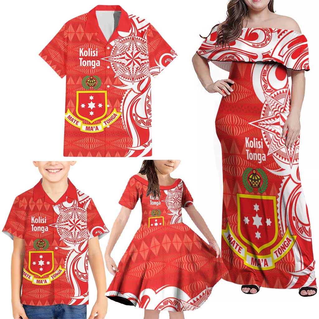 Personalised Kolisi Tonga Family Matching Off Shoulder Maxi Dress and Hawaiian Shirt Mate Maa Tonga Ngatu Pattern - Polynesian Pride