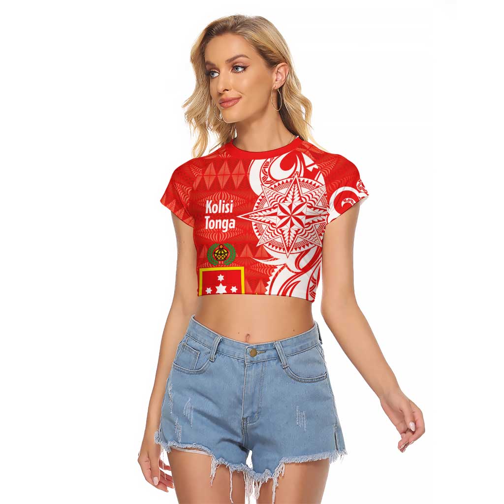 Personalised Kolisi Tonga Raglan Cropped T Shirt Mate Maa Tonga Ngatu Pattern - Polynesian Pride