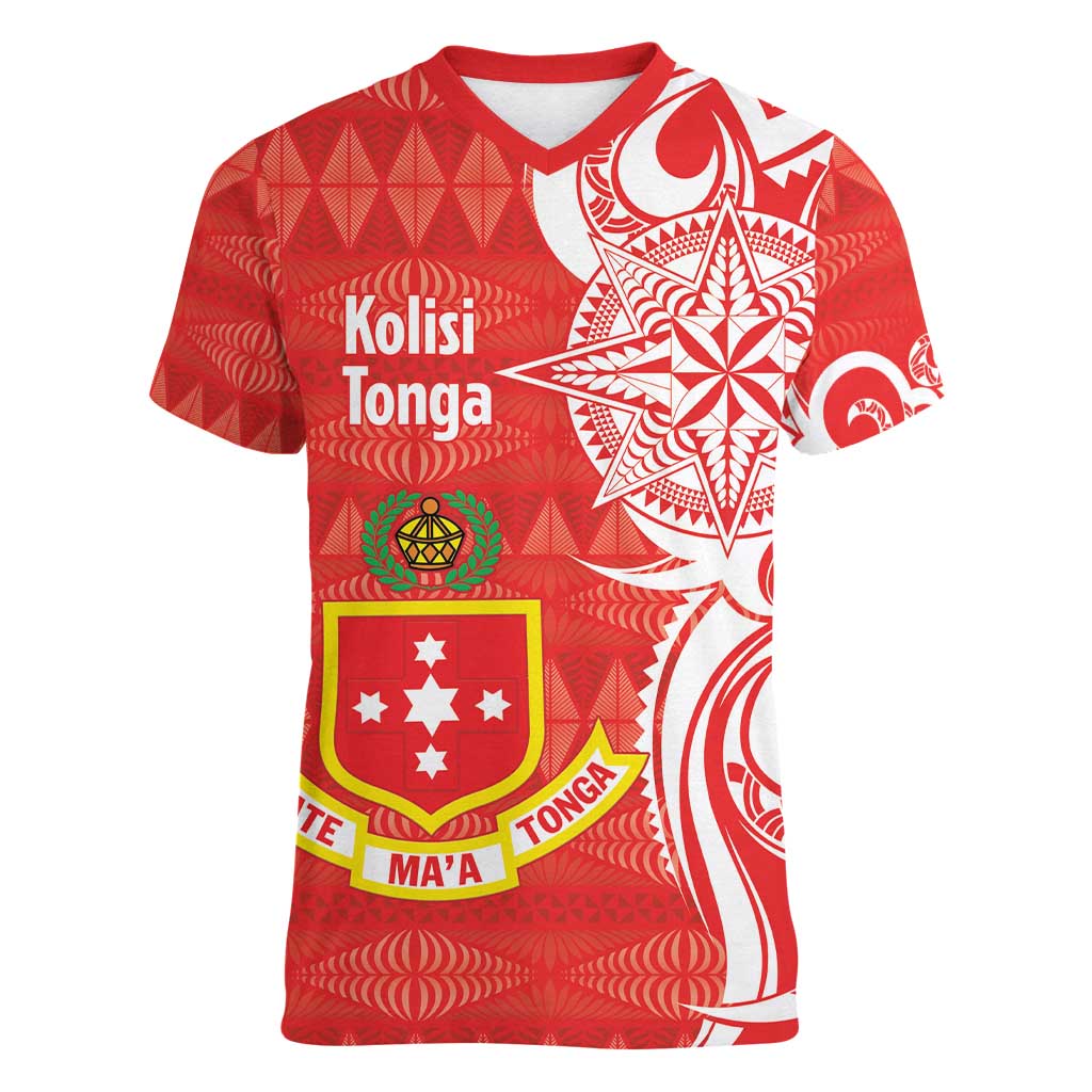 Personalised Kolisi Tonga Women V-Neck T-Shirt Mate Maa Tonga Ngatu Pattern - Polynesian Pride