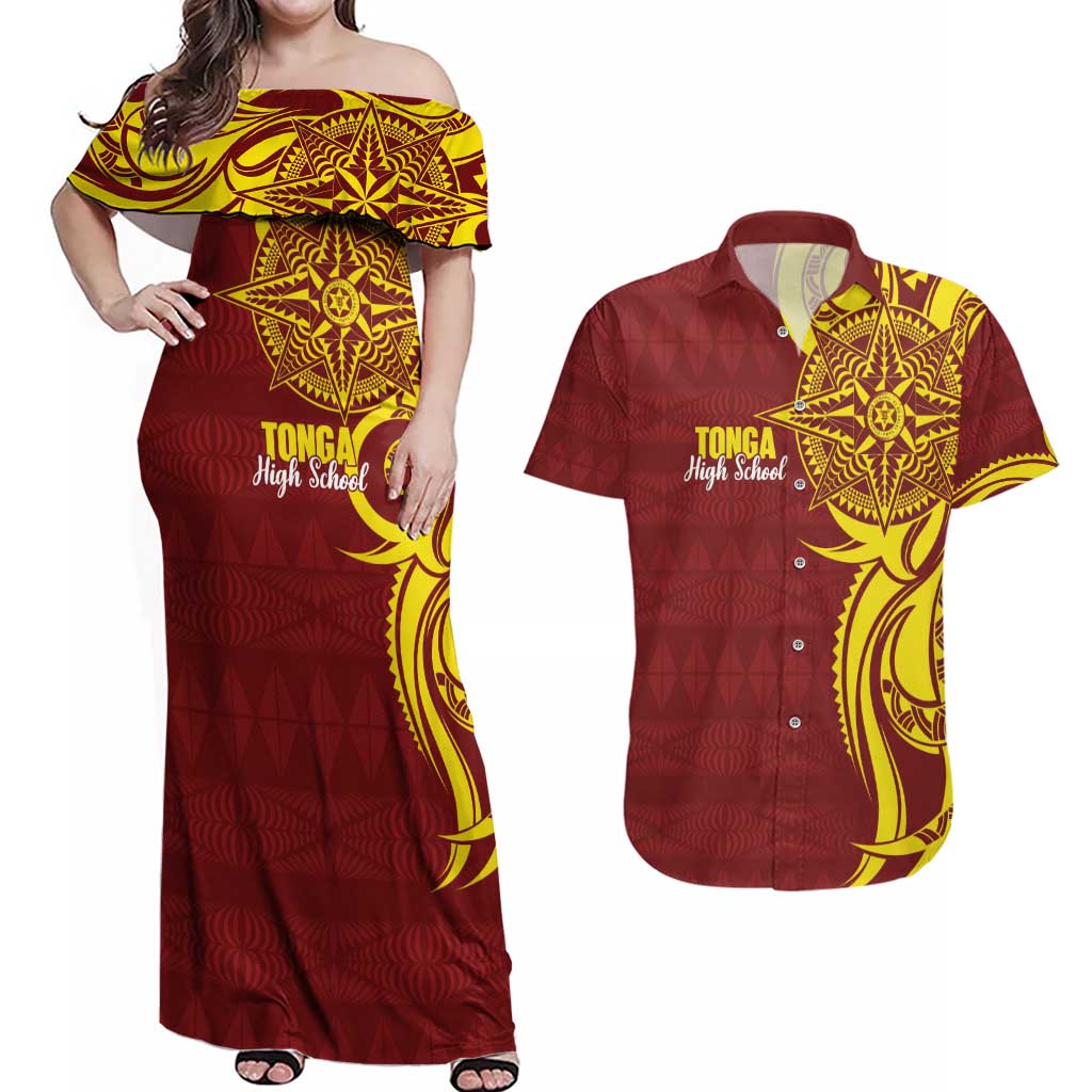 Personalised Tonga High School Couples Matching Off Shoulder Maxi Dress and Hawaiian Shirt THS Tongan Ngatu Pattern - Polynesian Pride