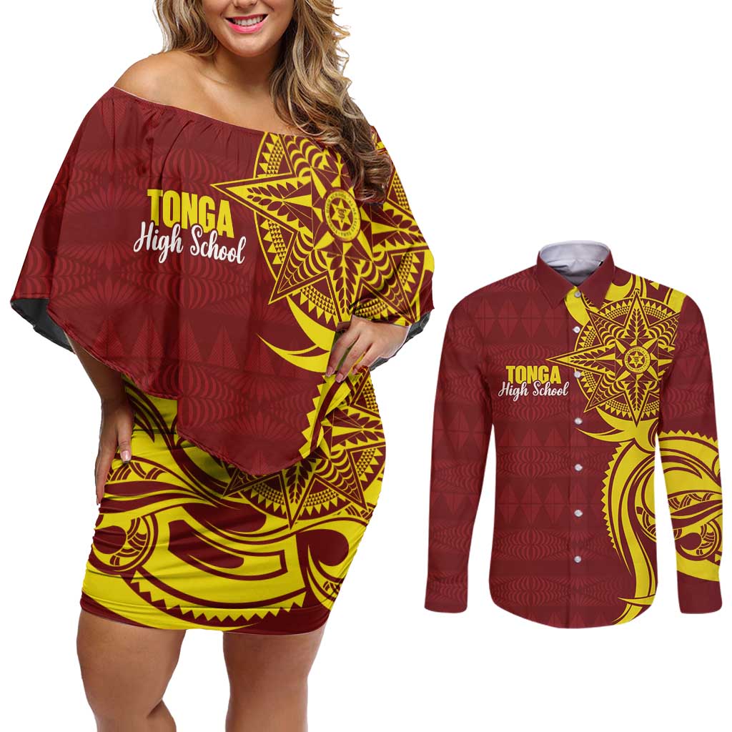 Personalised Tonga High School Couples Matching Off Shoulder Short Dress and Long Sleeve Button Shirt THS Tongan Ngatu Pattern - Polynesian Pride
