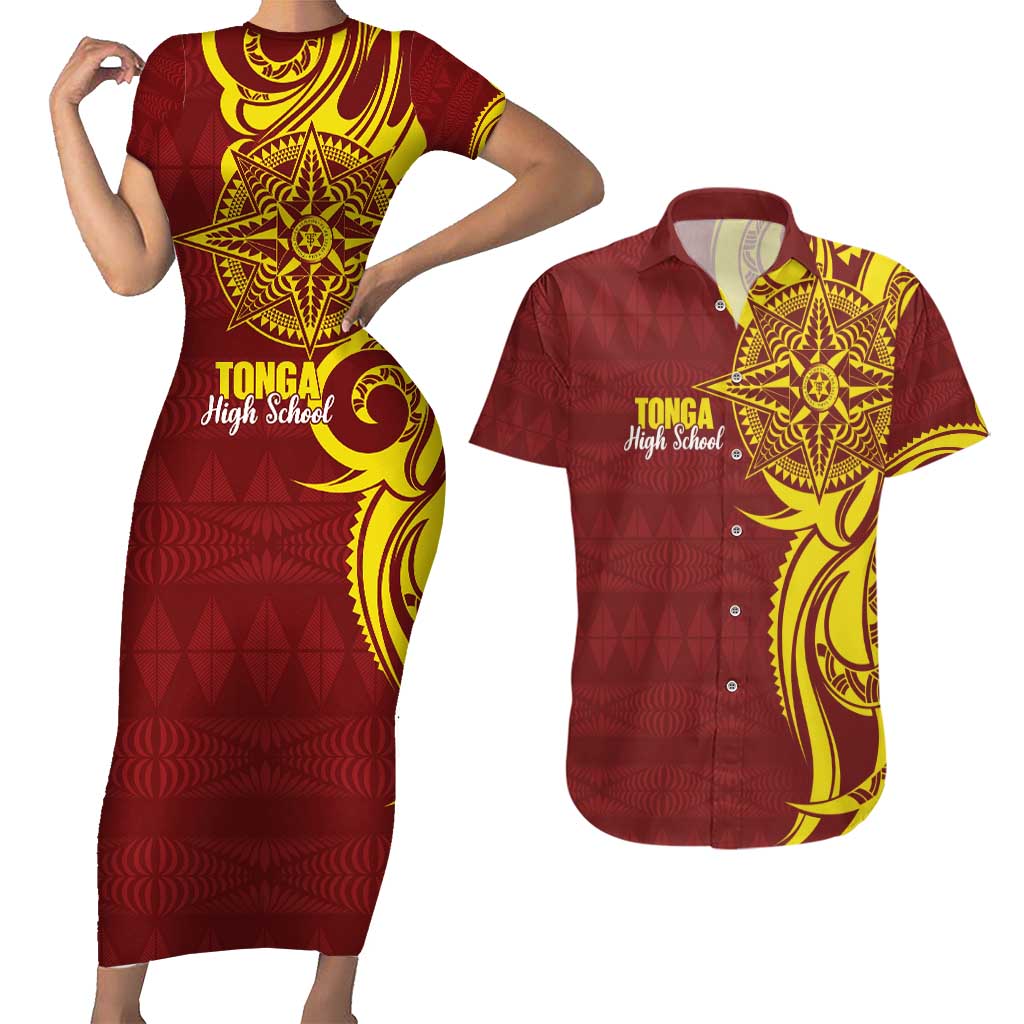 Personalised Tonga High School Couples Matching Short Sleeve Bodycon Dress and Hawaiian Shirt THS Tongan Ngatu Pattern - Polynesian Pride