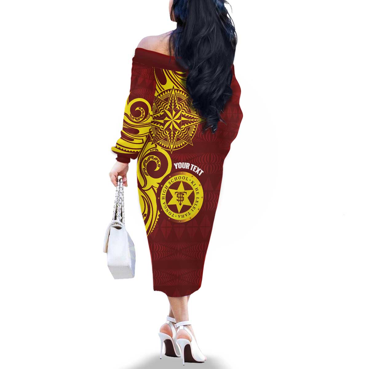 Personalised Tonga High School Family Matching Off The Shoulder Long Sleeve Dress and Hawaiian Shirt THS Tongan Ngatu Pattern - Polynesian Pride