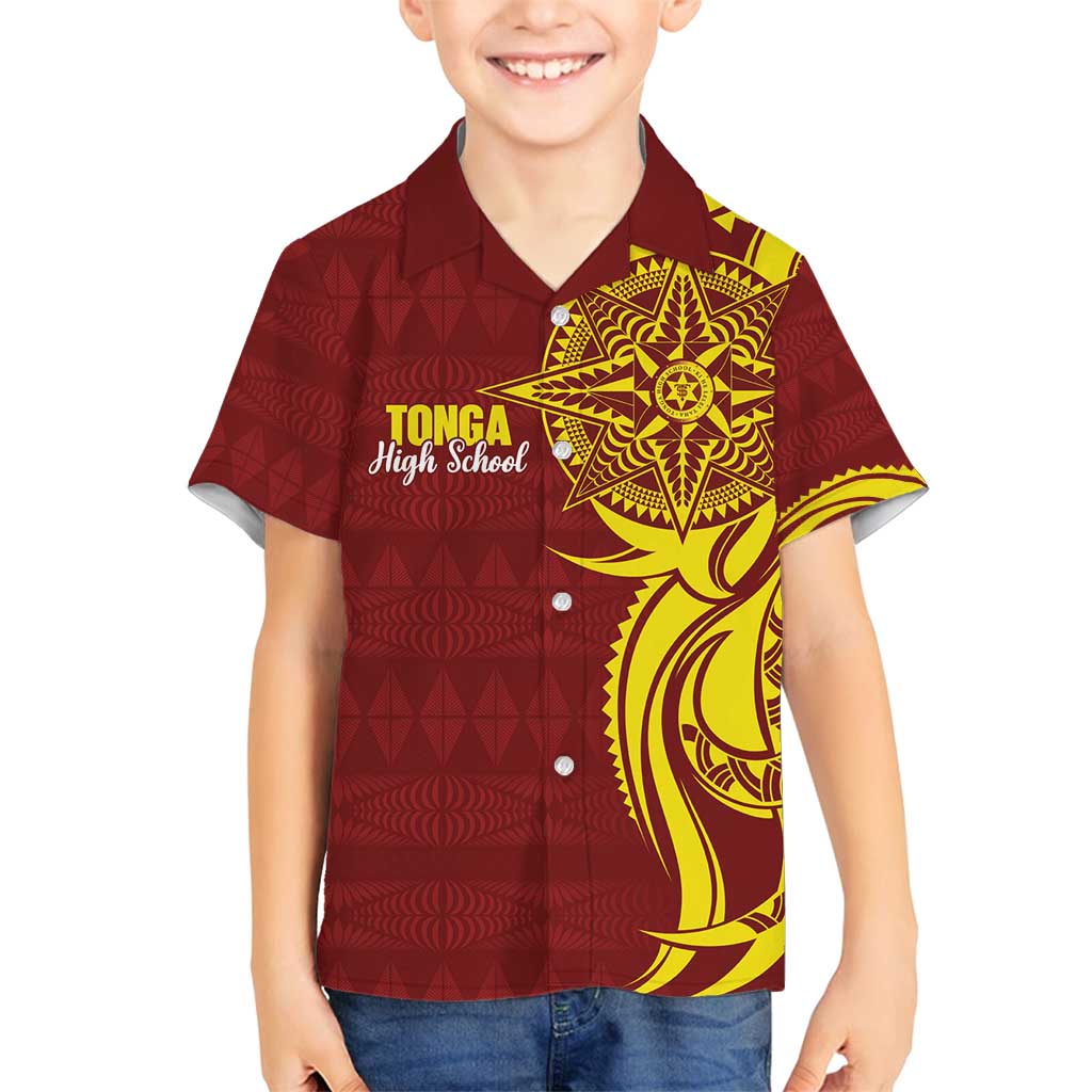 Personalised Tonga High School Family Matching Off Shoulder Maxi Dress and Hawaiian Shirt THS Tongan Ngatu Pattern - Polynesian Pride