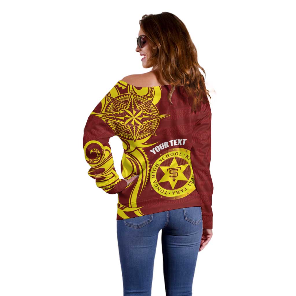 Personalised Tonga High School Off Shoulder Sweater THS Tongan Ngatu Pattern - Polynesian Pride