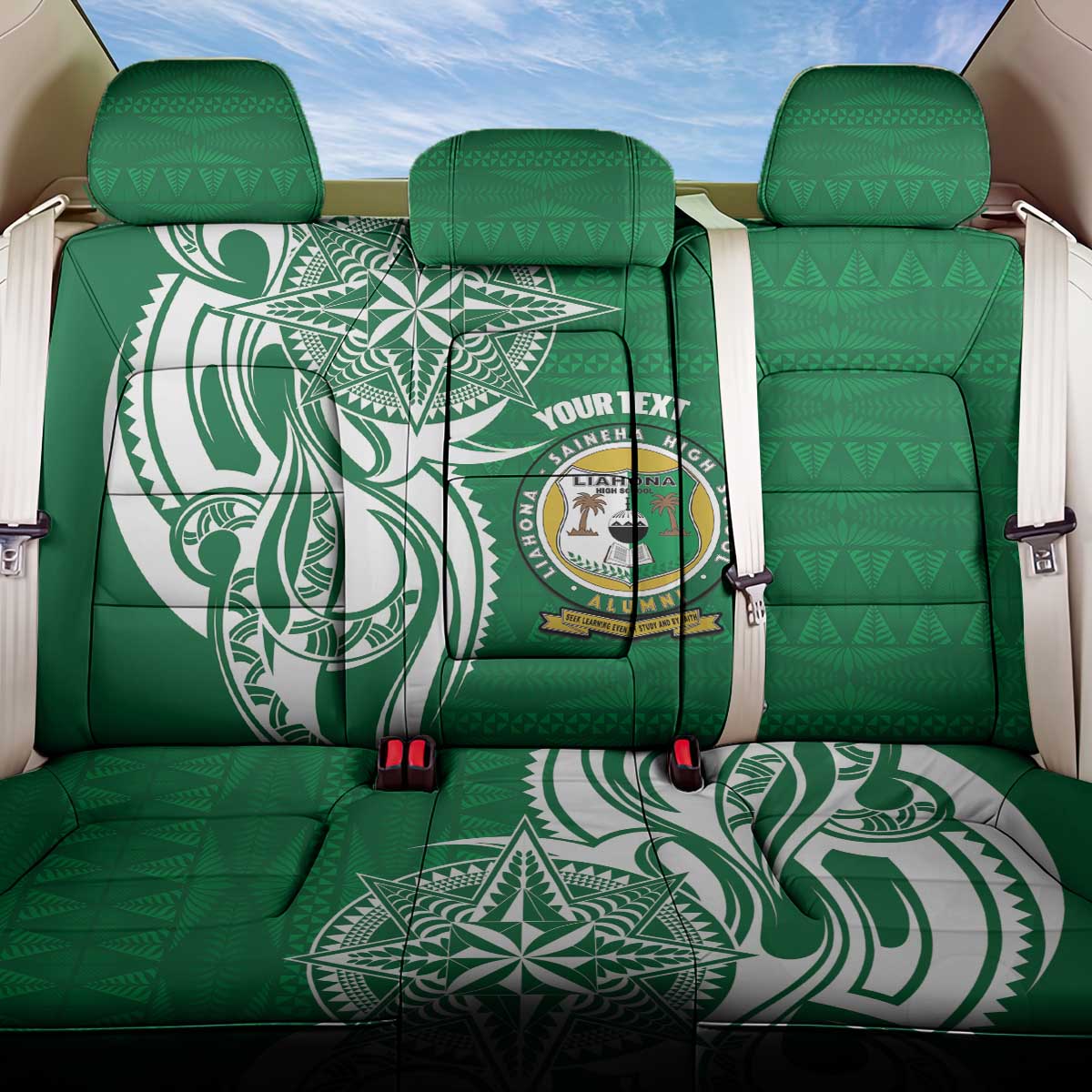 Personalised Liahona - Saineha High School Back Car Seat Cover Tongan Ngatu Pattern LT14 One Size Green - Polynesian Pride