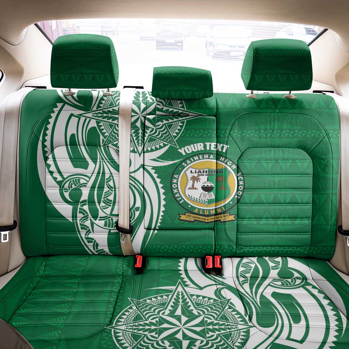 Personalised Liahona - Saineha High School Back Car Seat Cover Tongan Ngatu Pattern LT14 - Polynesian Pride