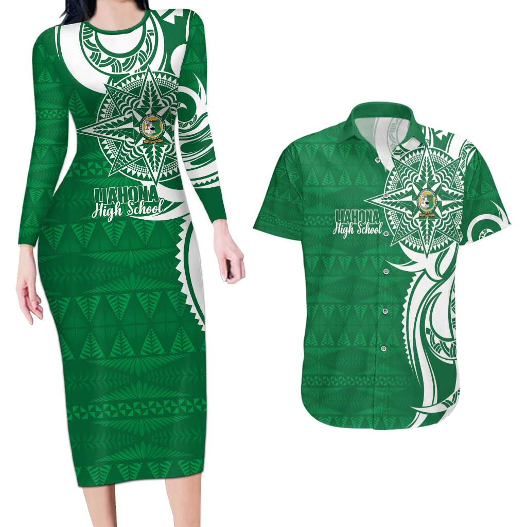Personalised Liahona - Saineha High School Couples Matching Long Sleeve Bodycon Dress and Hawaiian Shirt Tongan Ngatu Pattern LT14 Green - Polynesian Pride