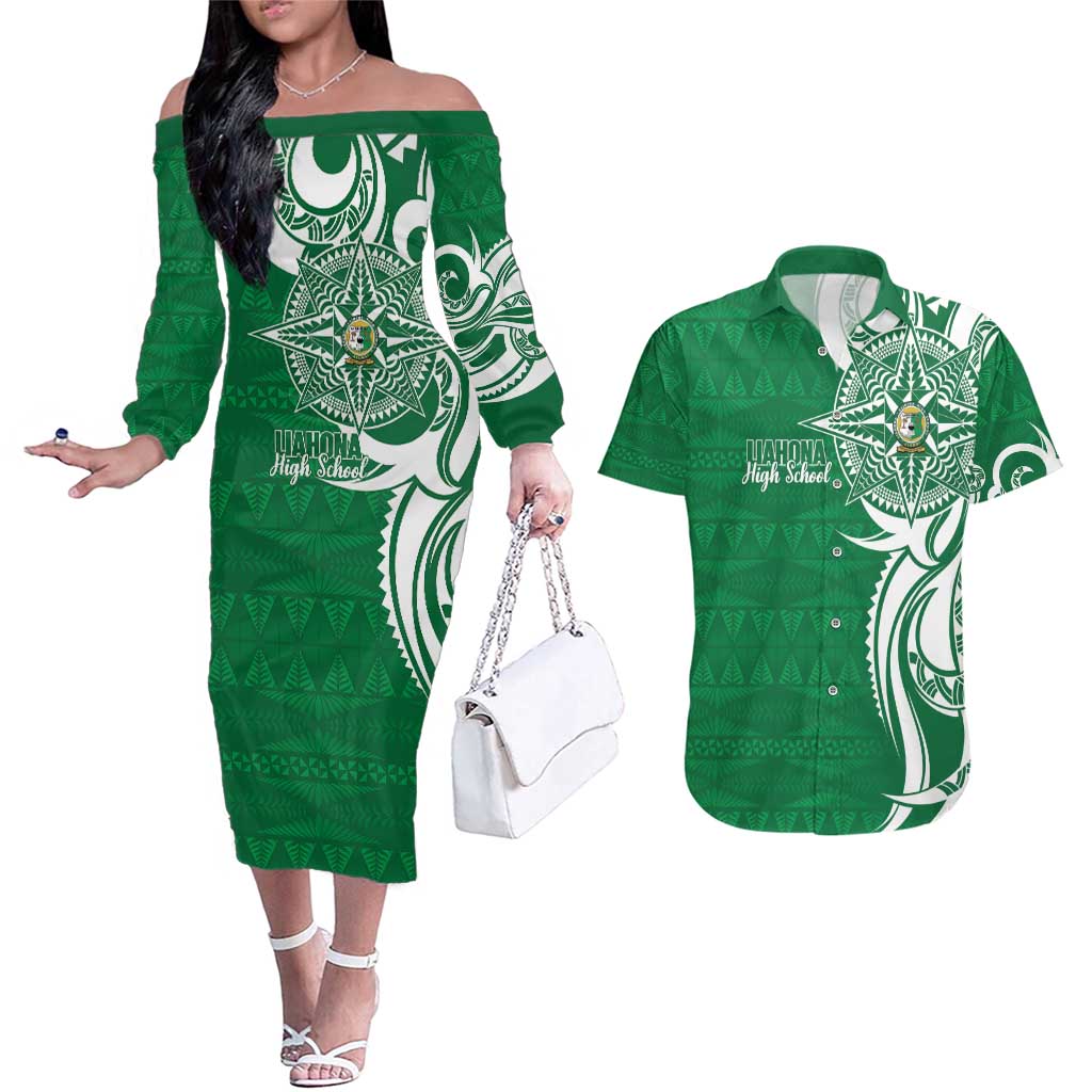 Personalised Liahona - Saineha High School Couples Matching Off The Shoulder Long Sleeve Dress and Hawaiian Shirt Tongan Ngatu Pattern LT14 Green - Polynesian Pride
