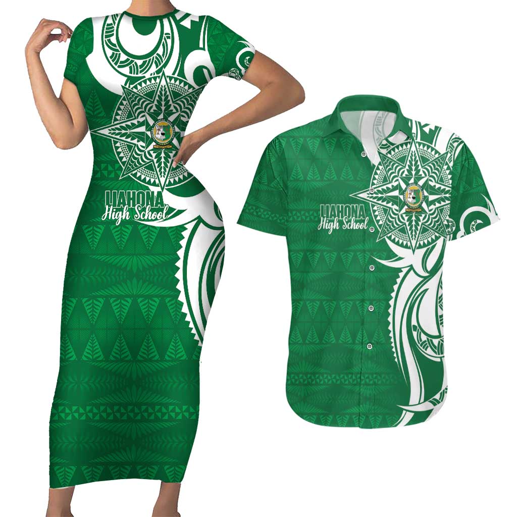 Personalised Liahona - Saineha High School Couples Matching Short Sleeve Bodycon Dress and Hawaiian Shirt Tongan Ngatu Pattern LT14 Green - Polynesian Pride