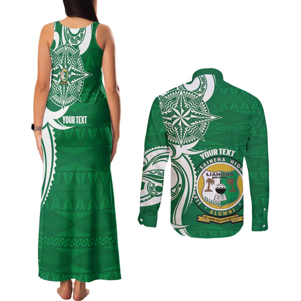 Personalised Liahona - Saineha High School Couples Matching Tank Maxi Dress and Long Sleeve Button Shirt Tongan Ngatu Pattern - Polynesian Pride