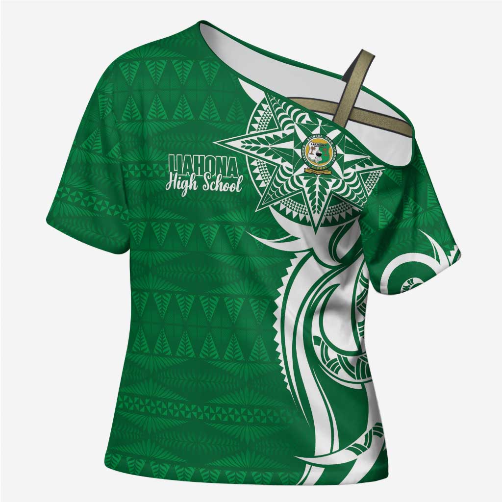 Personalised Liahona - Saineha High School Cross Shoulder Shirt Tongan Ngatu Pattern LT14 Female Green - Polynesian Pride