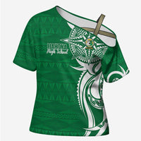 Personalised Liahona - Saineha High School Cross Shoulder Shirt Tongan Ngatu Pattern LT14 Female Green - Polynesian Pride