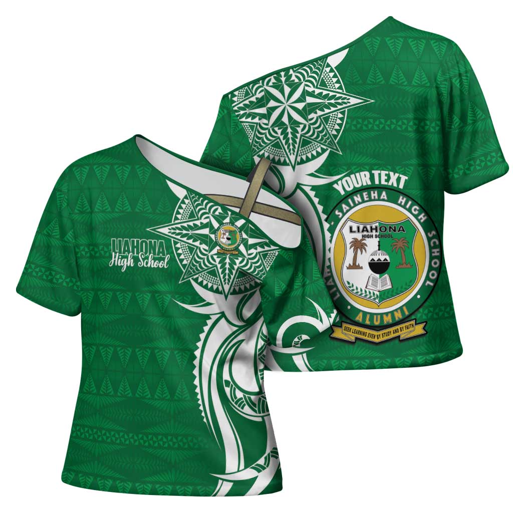 Personalised Liahona - Saineha High School Cross Shoulder Shirt Tongan Ngatu Pattern LT14 - Polynesian Pride