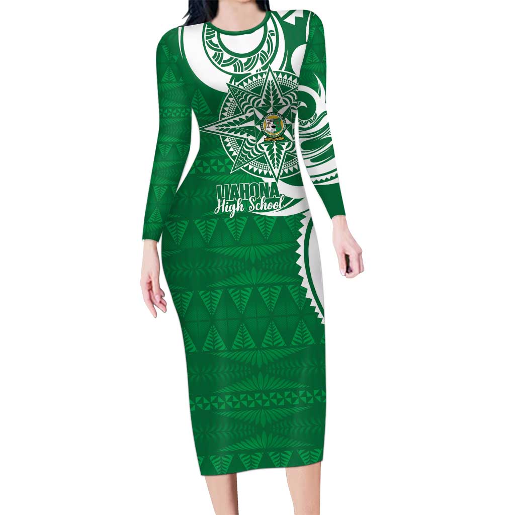 Personalised Liahona - Saineha High School Family Matching Long Sleeve Bodycon Dress and Hawaiian Shirt Tongan Ngatu Pattern LT14 Mom's Dress Green - Polynesian Pride
