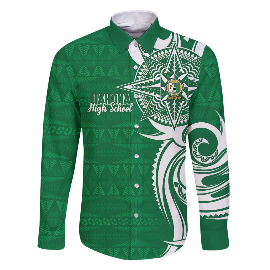 Personalised Liahona - Saineha High School Family Matching Mermaid Dress and Hawaiian Shirt Tongan Ngatu Pattern LT14 Dad's Shirt - Long Sleeve Green - Polynesian Pride