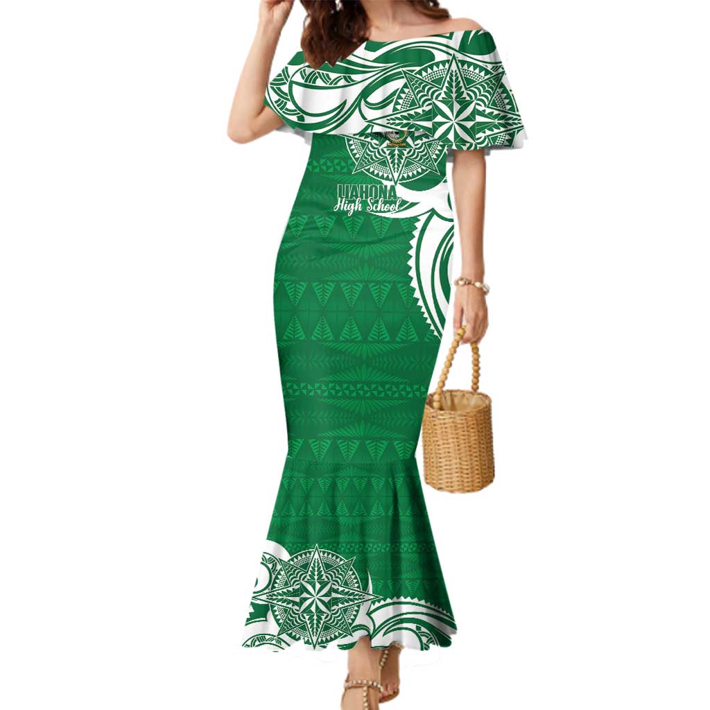 Personalised Liahona - Saineha High School Family Matching Mermaid Dress and Hawaiian Shirt Tongan Ngatu Pattern LT14 Mom's Dress Green - Polynesian Pride