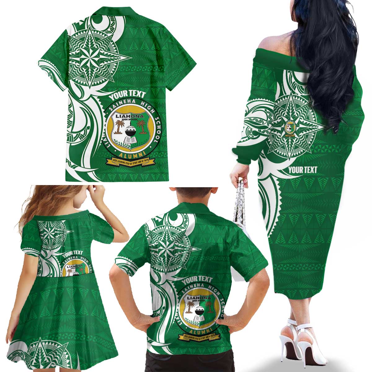Personalised Liahona - Saineha High School Family Matching Off The Shoulder Long Sleeve Dress and Hawaiian Shirt Tongan Ngatu Pattern LT14 - Polynesian Pride
