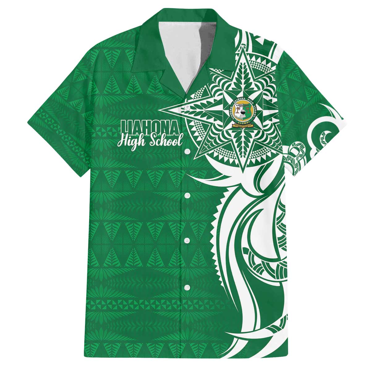 Personalised Liahona - Saineha High School Family Matching Off The Shoulder Long Sleeve Dress and Hawaiian Shirt Tongan Ngatu Pattern LT14 Dad's Shirt - Short Sleeve Green - Polynesian Pride