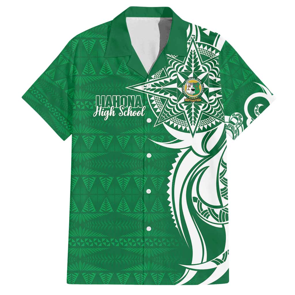 Personalised Liahona - Saineha High School Family Matching Off Shoulder Maxi Dress and Hawaiian Shirt Tongan Ngatu Pattern LT14 Dad's Shirt - Short Sleeve Green - Polynesian Pride