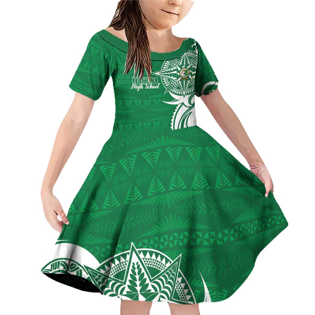Personalised Liahona - Saineha High School Family Matching Off Shoulder Short Dress and Hawaiian Shirt Tongan Ngatu Pattern LT14 Daughter's Dress Green - Polynesian Pride