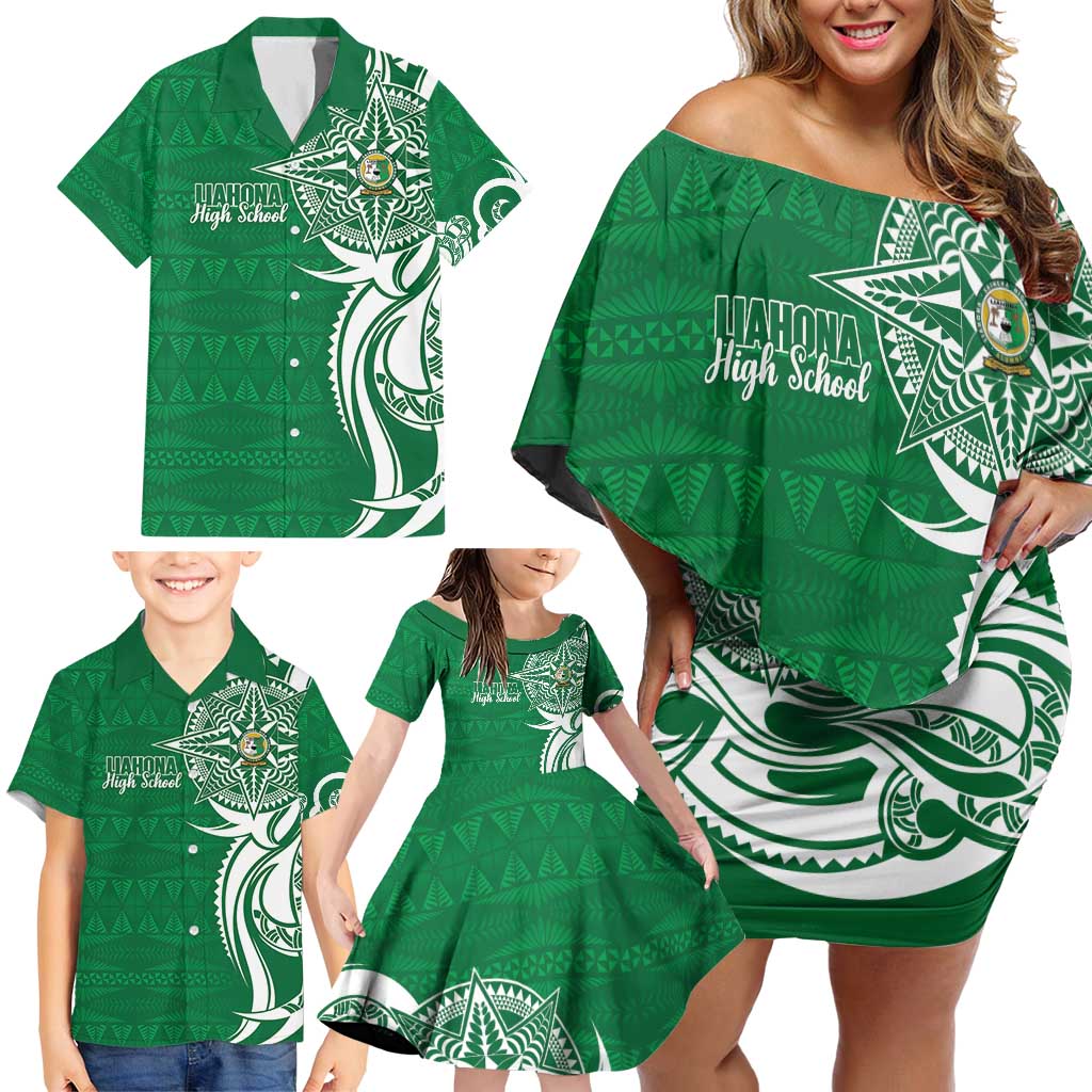 Personalised Liahona - Saineha High School Family Matching Off Shoulder Short Dress and Hawaiian Shirt Tongan Ngatu Pattern LT14 - Polynesian Pride