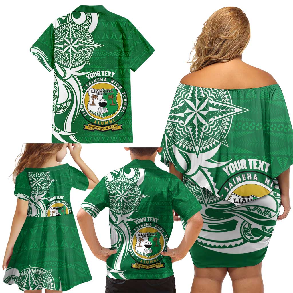 Personalised Liahona - Saineha High School Family Matching Off Shoulder Short Dress and Hawaiian Shirt Tongan Ngatu Pattern LT14 - Polynesian Pride