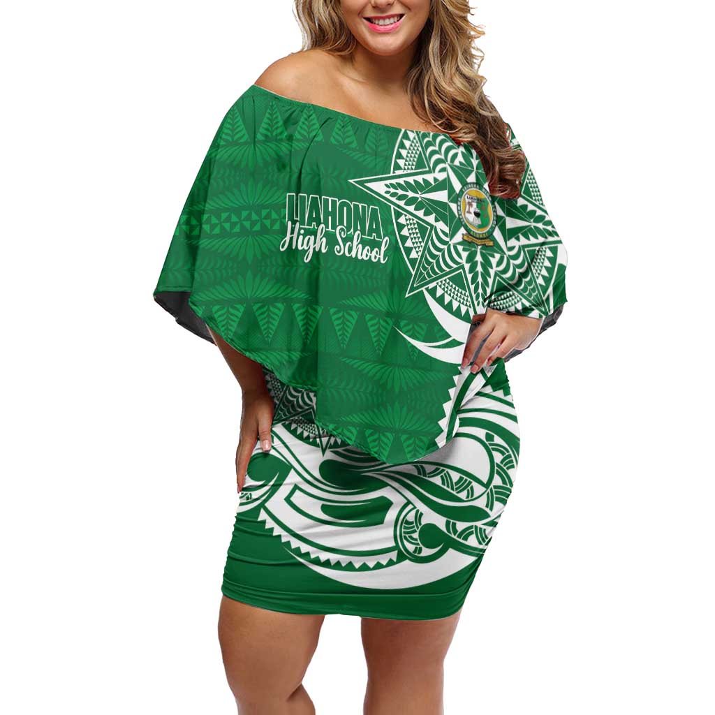 Personalised Liahona - Saineha High School Family Matching Off Shoulder Short Dress and Hawaiian Shirt Tongan Ngatu Pattern LT14 Mom's Dress Green - Polynesian Pride